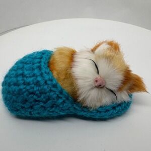 Sleeping Cat Figurine Realistic Kitten in Crocheted‎ Blanket Collectible Decor